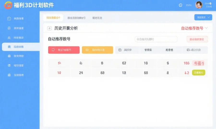 福彩3D计划软件界面截图,展示历史开奖分析与自动推荐号码功能,界面简洁明了