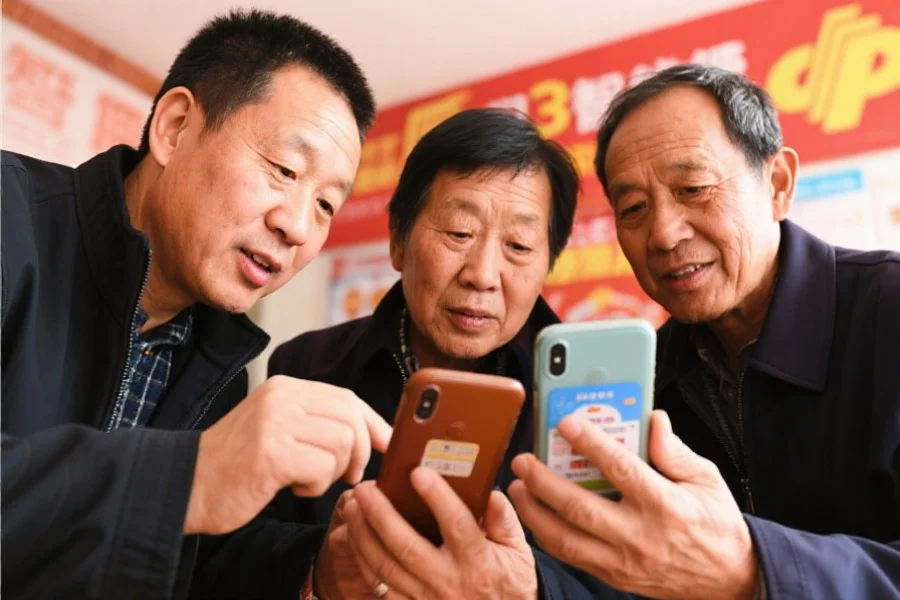 三位彩民正在认真查看手机上的福彩3D智能推荐界面,表情专注